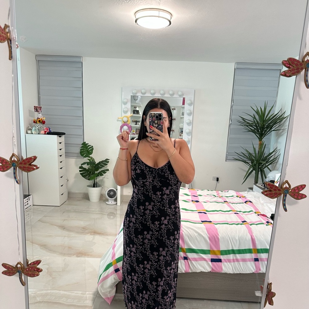 Motel Black Maxi Dress with Purple Floral Design